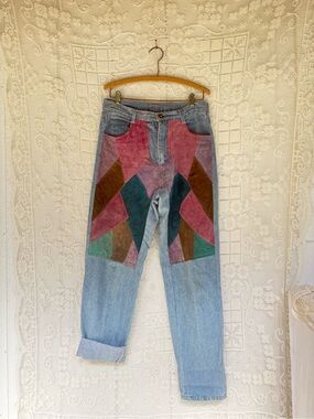 Vintage 80s Patchwork Denim Jeans High Rise Straight 15 in waist